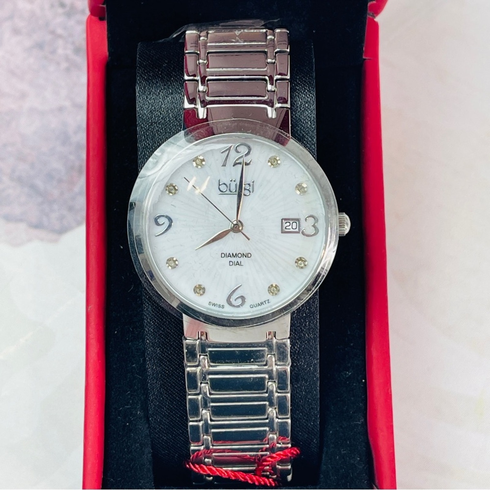 Burgi White Mother Of Pearl Bur086ss Stainless Steel Diamond Swiss Quartz